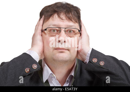 businessman closed his ears - hand gesture isolated on white background Stock Photo