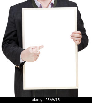 businessman holds blank billboard in hands isolated on white background Stock Photo