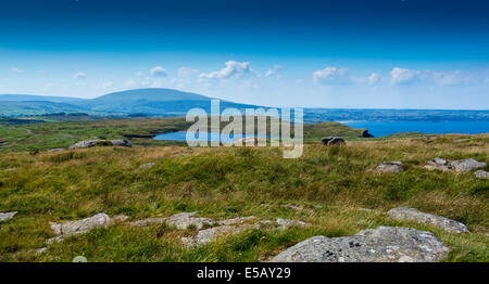 Lough Doo Knocklayde and Ballycastle Bay seen from The Grey Man's Path Fair Head Co Antrim Northern Ireland Stock Photo