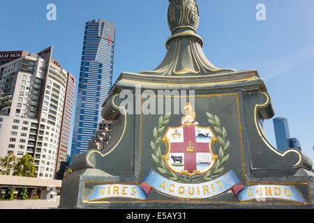 Melbourne Australia,Southbank,Princes Bridge,St. Kilda Road,Eureka Tower,tallest building,city skyline,skyscrapers,city seal,AU140320078 Stock Photo