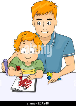 Illustration of a Father Helping His Son Color a Coloring Book Stock Photo