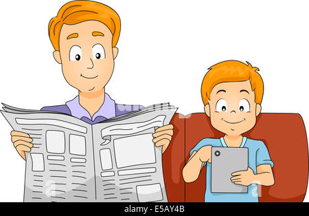 Illustration of a Father and Son Reading the Latest News on a Newspaper and a Computer Tablet Stock Photo