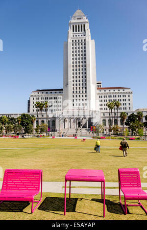 Los Angeles California,Downtown,Civic Center district,Los Angeles City Hall,1928,tower,exterior,Art Deco,architecture Grand Park,lawn,public park,loun Stock Photo