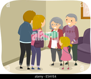 Illustration of a Family Visiting an Elderly Couple to Present a Newborn Baby Stock Photo