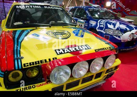 Old rally cars on display at historical cars show. Stock Photo