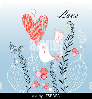 holiday card with flowers and birds in love on a light blue background Stock Photo