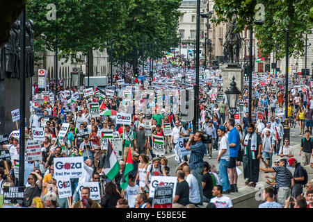 London, UK. 26th July, 2014. The March Passes Downing Street. Stop the 'massacre' in Gaza protest. A demonstration called by: Stop the War Coalition, Palestine Solidarity Campaign, Campaign for Nuclear Disarmament, Friends of Al Aqsa, British Muslim Initiative, Muslim Association of Britain, Palestinian Forum in Britain. They assembled at the Israeli Embassy and marched to Parliament. They called for 'Israel's bombing and killing to stop now and for David Cameron to stop supporting Israeli war crimes'. London, 26 July 2014. Credit:  Guy Bell/Alamy Live News Stock Photo