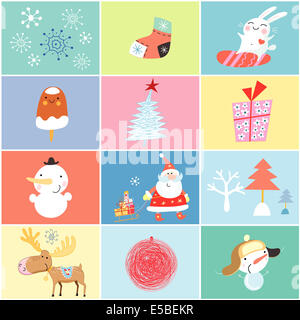 set of objects and images of the new year on colored backgrounds Stock Photo