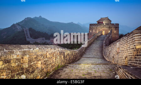 Great Wall of China Jinshanling in the evening. Stock Photo