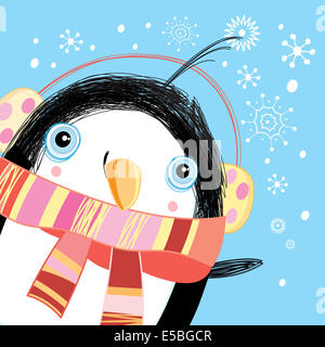 Bright Christmas card with a funny penguin on a blue background with snowflakes Stock Photo