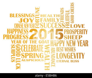 2015 Chinese Lunar New Year English Greetings Text Wishing Health Good Fortune Prosperity Happiness in the Year of the Goat Isol Stock Photo