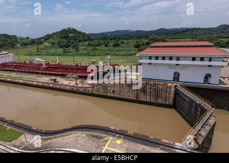 Lobelia Cargo Ship, under Senegal flag,  Miraflores locks, Panama Canal Stock Photo