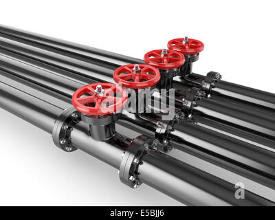 3d render of black oil pipes with red valve, isolated on white background Stock Photo