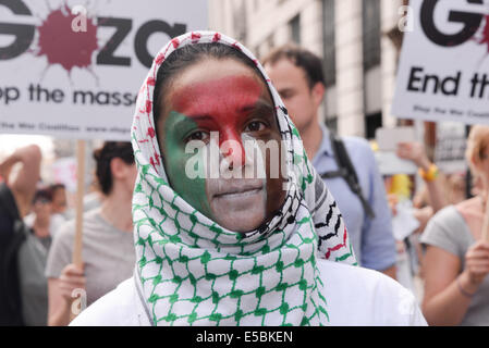 London, UK. 26th July, 2014. Stop the 'massacre' in Gaza protest. A demonstration called by: Stop the War Coalition, Palestine Solidarity Campaign, Campaign for Nuclear Disarmament, Friends of Al Aqsa, British Muslim Initiative, Muslim Association of Britain, Palestinian Forum in Britain. They assembled at the Israeli Embassy and marched to Parliament. They called for 'Israel's bombing and killing to stop now and for David Cameron to stop supporting Israeli war crimes'. London, 26 July 2014. Credit:  See Li/Alamy Live News Stock Photo