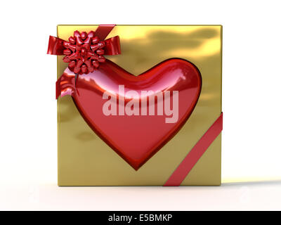 Red heart in golden gift box with ribbon and bow. Holiday 3d illustration Stock Photo
