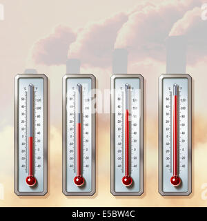 Illustrative image of thermometers showing rising temperatures with smoke emitting from chimneys representing global warming Stock Photo