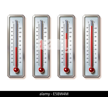 Illustrative image of thermometers showing rising temperatures over white background representing global warming Stock Photo