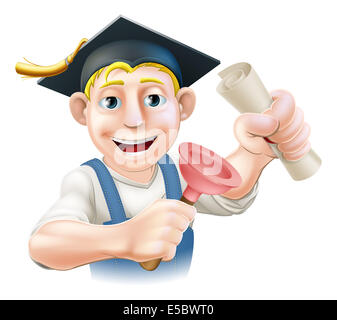 A plumber or janitor with mortar board graduate cap with diploma certificate or other qualification. Professional training or le Stock Photo
