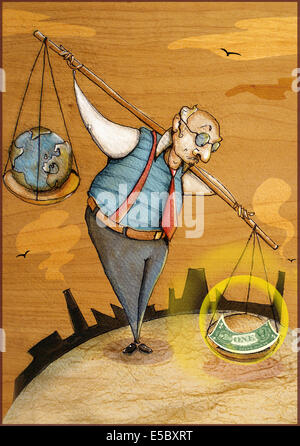 Illustrative image of senior man with globe and banknote in scale representing imbalance Stock Photo