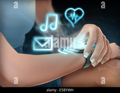 Illustration of woman wearing futuristic wristwatch Stock Photo