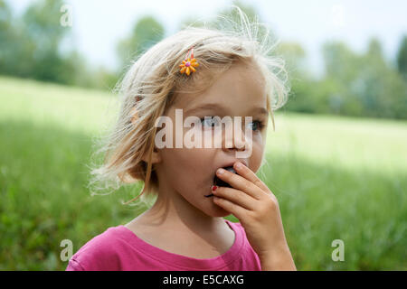 Portrait of child blond Girl eating a plum on meadow Stock Photo