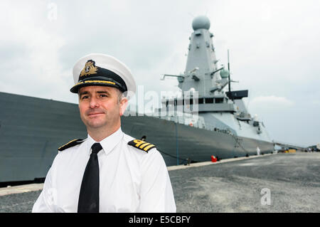 Belfast, Northern Ireland. 26/07/2014 - Commander James Stride, Captain of the newest ship in the Royal Navy, the Type 45 destroyer HMS Duncan, arrives into her adopted city of Belfast for a three day visit. Credit:  Stephen Barnes/Alamy Live News Stock Photo