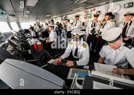 Belfast, Northern Ireland. 26/07/2014 - Officers on the bridge of the newest ship in the Royal Navy, the Type 45 destroyer HMS Duncan, steer her into her adopted city of Belfast for a three day visit. Credit:  Stephen Barnes/Alamy Live News Stock Photo