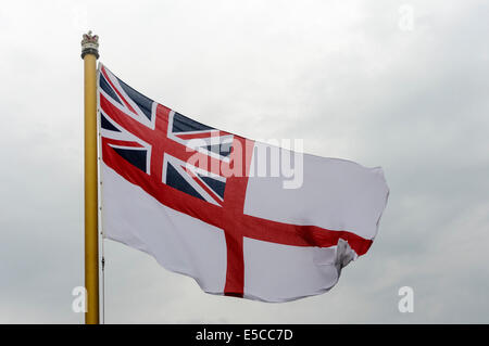 Belfast, Northern Ireland. 26/07/2014 - The White Ensign flies on the aft of a Royal Navy ship. Credit:  Stephen Barnes/Alamy News Stock Photo