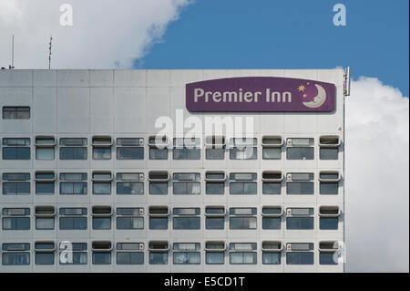 Logo of Premier Inn hotel, North Tower building on Victoria Bridge Street, Salford, Greater Manchester. (Editorial use only). Stock Photo