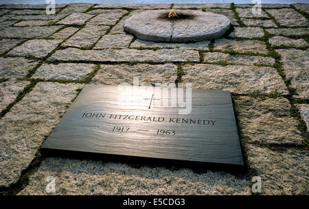 An eternal flame burns at the grave of 35th U.S. President John Fitzgerald Kennedy in Arlington National Cemetery in Washington, D.C., USA. Stock Photo