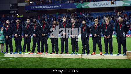Ibrox Stadium, Glasgow, Scotland, UK. 27th July, 2014. New Zealand Sevens players on the podium with their silver medals. Rugby Sevens at Ibrox Stadium. Glasgow Commonwealth Games 2014. Credit:  Action Plus Sports/Alamy Live News Stock Photo