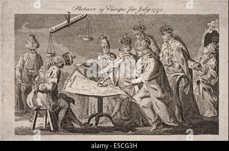 Picture of Europe 1772 - Cartoon shows Catherine II, Leopold II, and Frederick William II seated at table on which rests a map of Poland; standing behind them and looking over their shoulders are Louis XV and Charles III, still further back, asleep on a throne is George III; on the left, with head bowed, wearing a broken crown, and with hands bound behind him, sits the King of Poland, to his left sits Selim III in chains; a scale 'The Balance of Power' hangs above the table, the lighter side is labeled 'Great Britain' reflecting George III's influence on, or concern for, the affairs of Europe Stock Photo