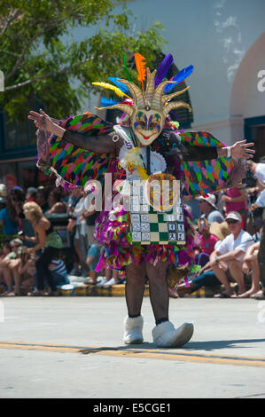 An costume featuring the Aztec calendar and priest at the 2014 Summer Solstice Parade, Santa Barbara, California Stock Photo