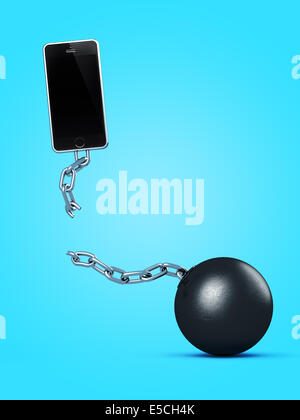 Phone breaking away from ball and chain, breaking a contract, contract-free service, conceptual illustration on bright blue back Stock Photo