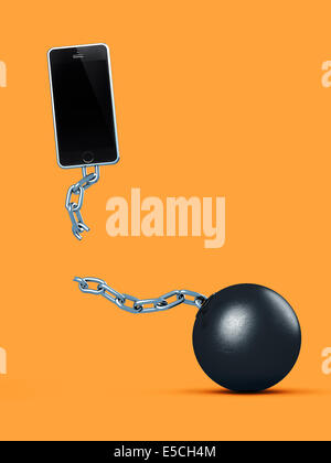 Cellphone breaking away from ball and chain, breaking a contract, contract-free service, conceptual illustration on bright orang Stock Photo