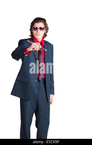Businessman in glasses with big pencil in his hand is writing something in the air on white background Stock Photo