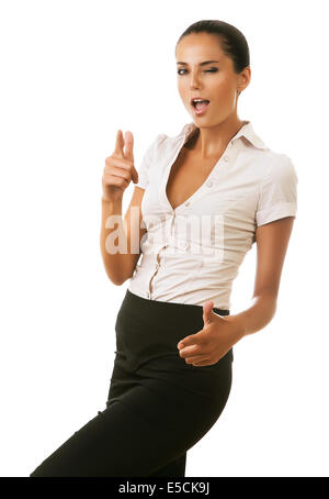 businesswoman is showing guns with hands on white background Stock Photo