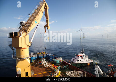 A view from the Polar King on the Gwynt y Mor Wind Farm off the coast of North Wales during the Construction Phase in 2014. Stock Photo