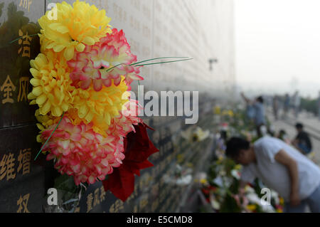 Tangshan, China's Hebei Province. 28th July, 2014. Paper flowers are seen on the memorial wall of the 1976 Tangshan earthquake in Tangshan, north China's Hebei Province, July 28, 2014. Local residents came to the memorial park on Monday to commemorate the 38th anniversary of the Tangshan earthquake. © Zheng Yong/Xinhua/Alamy Live News Stock Photo