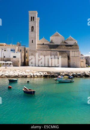 Fishing boats in the harbor, Romanesque Old Cathedral, San Corrado, Molfetta, Bari Province, Apulia, Italy Stock Photo