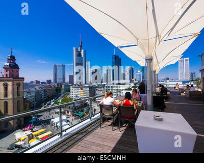 Lounge with views of the financial district, with Commerzbank, European Central Bank, Deutsche Bank, Landesbank Hessen, Stock Photo