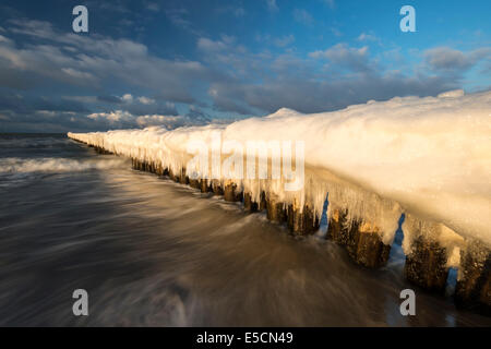 Breakwaters or groynes covered with snow and icicles, Baltic Sea, Zingst, Fischland-Darß-Zingst, Mecklenburg-Western Pomerania Stock Photo