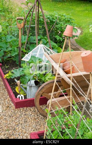 View of small raised bed with Garden Peas, 'Kelvedon Wonder', Supported By canes and garden twine, and outdoor tomatoes, England Stock Photo