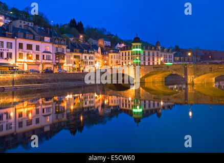 Evening panorama of Bouillon and a bridge over the Semois River in the Ardennes, Belgium Stock Photo