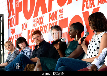 Emily Kinney, Chandler Riggs, Michael Cudlitz, Melissa McBride, Danai Gurira and Lauren Cohan attend the FOX Press Breakfast press conference of the series 'The Walking Dead' on July 25, 2014 at the roof lounge of the Andaz Hotel in San Diego during the San Diego Comic-Con International. Stock Photo