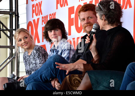 Emily Kinney, Chandler Riggs, Michael Cudlitz and Melissa McBride attend the FOX Press Breakfast press conference of the series 'The Walking Dead' on July 25, 2014 at the roof lounge of the Andaz Hotel in San Diego during the San Diego Comic-Con International. Stock Photo