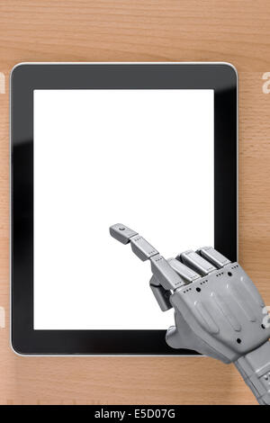 Robot hand using a touchscreen tablet computer, clipping path provided for the blank screen, add your own message or image. Stock Photo