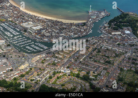 An aerial view of the Dorset town of Weymouth concentrating on the town centre and harbour area Stock Photo