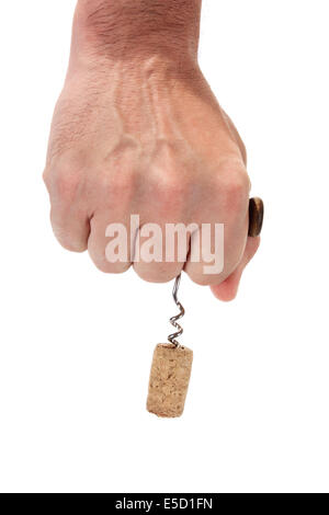 Corkscrew in hand isolated on white background Stock Photo