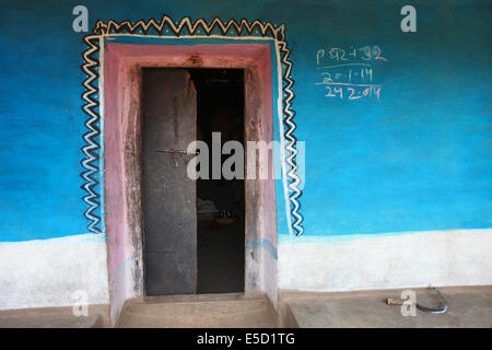 Typical entrance door of tribal house, Baiga tribe, Karangra Village, Chattisgadh, India Stock Photo